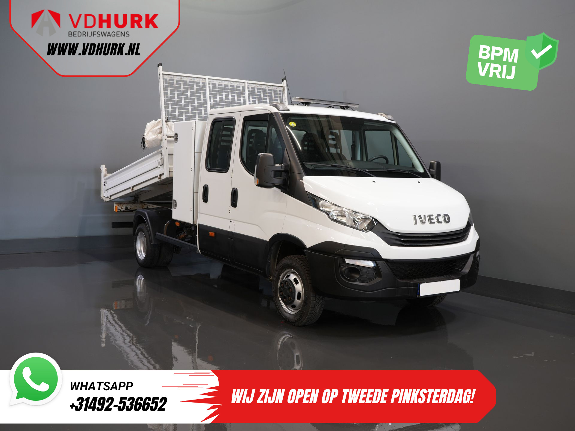 Iveco Daily 35C14D 2.3 140 pk Aut. ZF DC Dubbel Cabine 6 Pers./ Kipper/ Pick Up/ Open Laadbak/ 3.5t Trekverm./ Dubbel Lucht/ Gev.Stoel/ Climate/ Zwaailamp/ Cruise