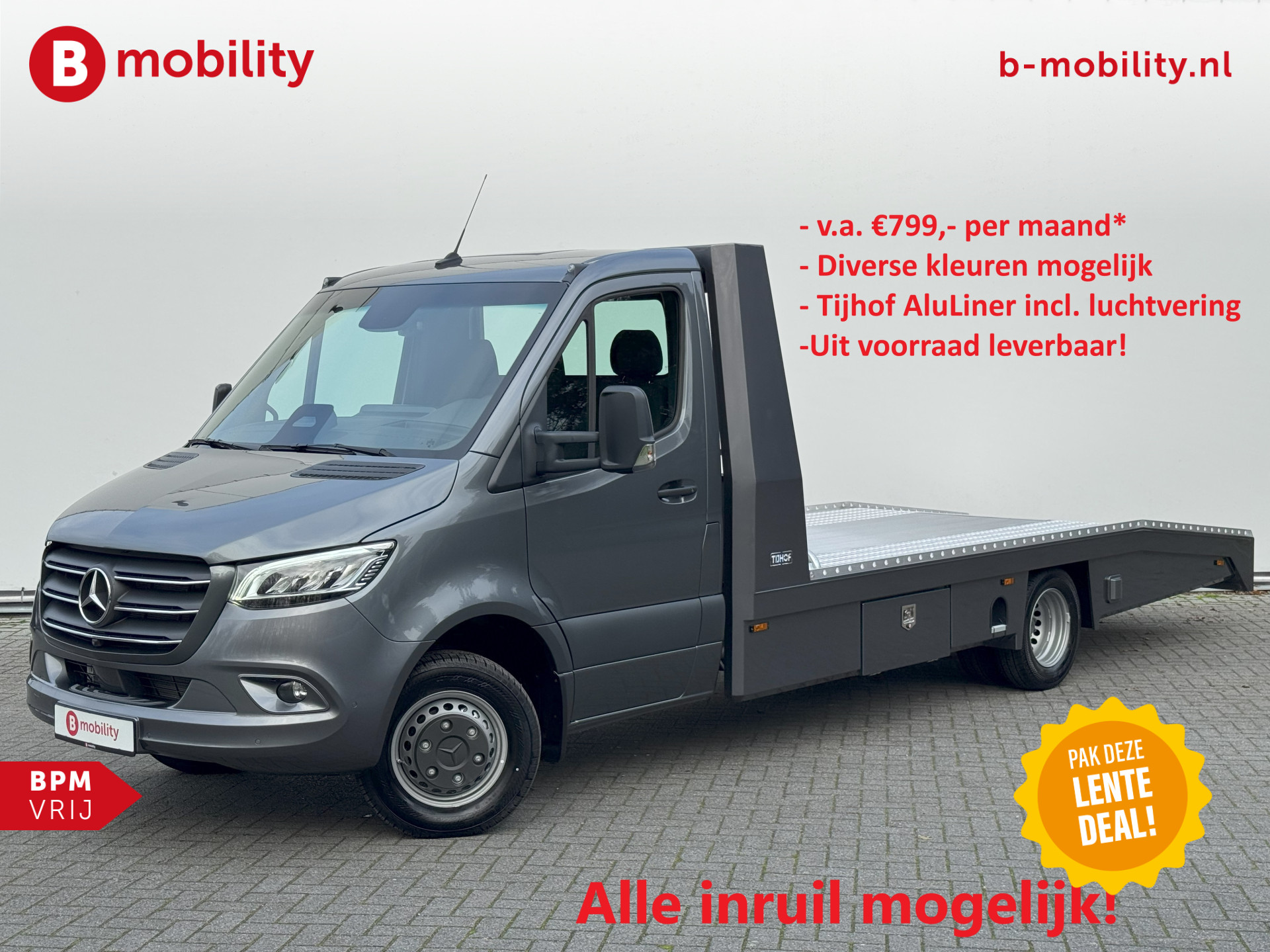 Mercedes-Benz Sprinter 519 CDI Tijhof AluLiner Luchtvering NIEUW! MJ.2025 Autotransporter/ Oprijwagen | Lier | 3-Zitplaatsen | AppleCarPlay | DAB | Adaptive Cruise Control | Navigatie | Trekhaak