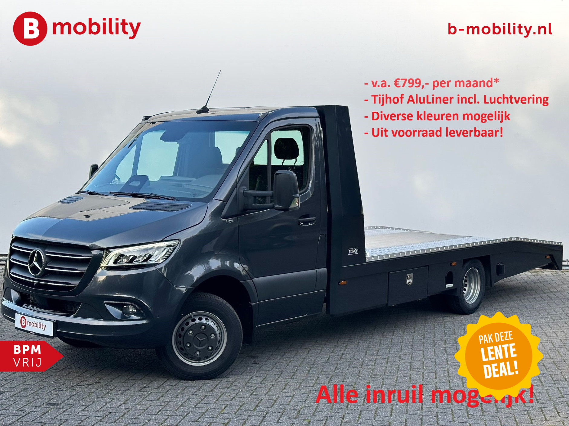 Mercedes-Benz Sprinter 519 CDI Tijhof AluLiner Luchtvering NIEUW! MJ.2025 Autotransporter/ Oprijwagen | Lier | 3-Zitplaatsen | Apple CarPlay | DAB | Adaptive Cruise Control | Navigatie | Trekhaak
