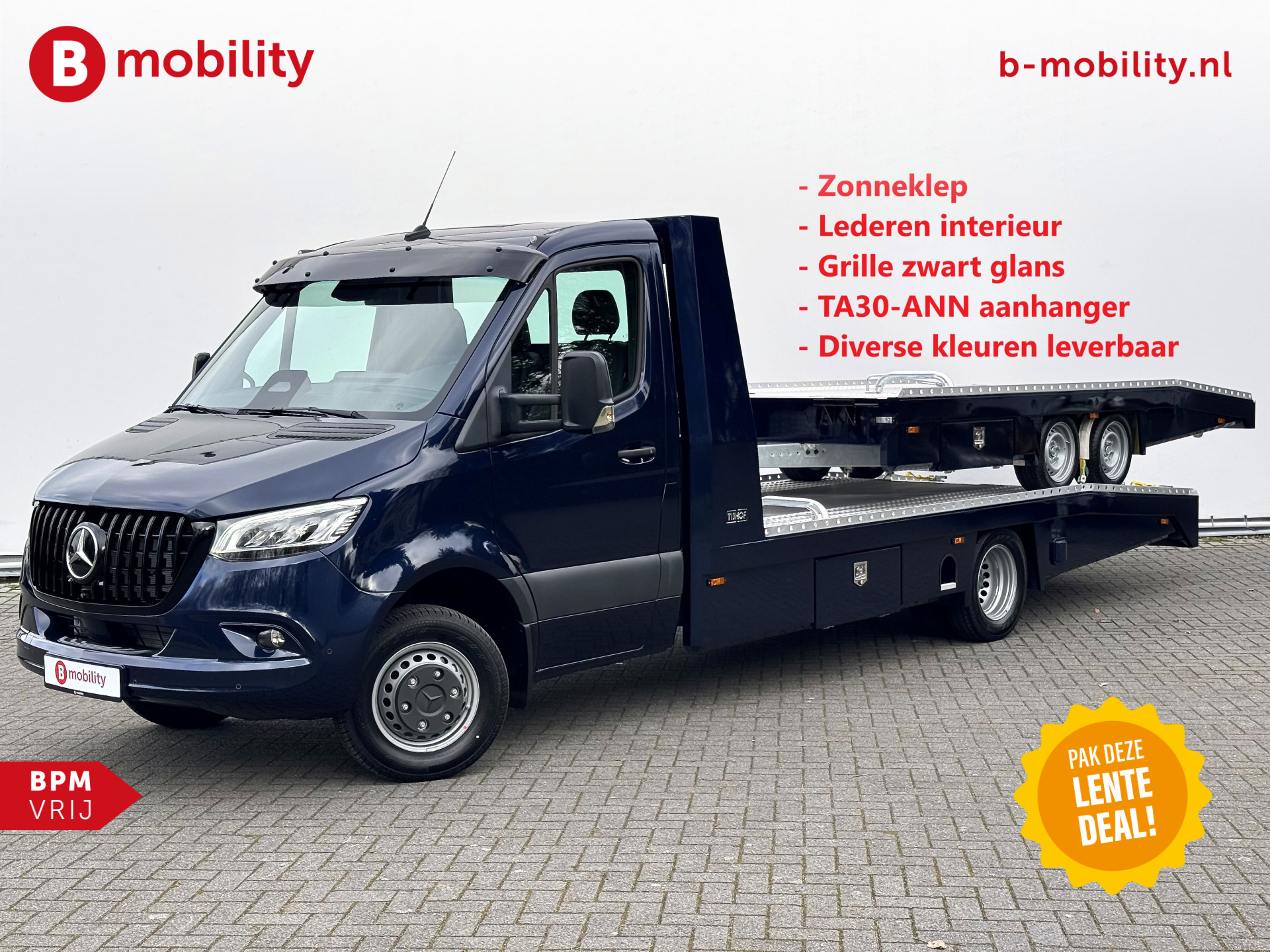 Mercedes-Benz Sprinter 519 CDI Tijhof AluLiner + Aanhanger Leer Luchtvering NIEUW! MJ.2025 Autotransporter/ Oprijwagen | Lier | 3-Zitplaatsen | AppleCarPlay | DAB | Adaptive Cruise Control | Navigatie | Trekhaak
