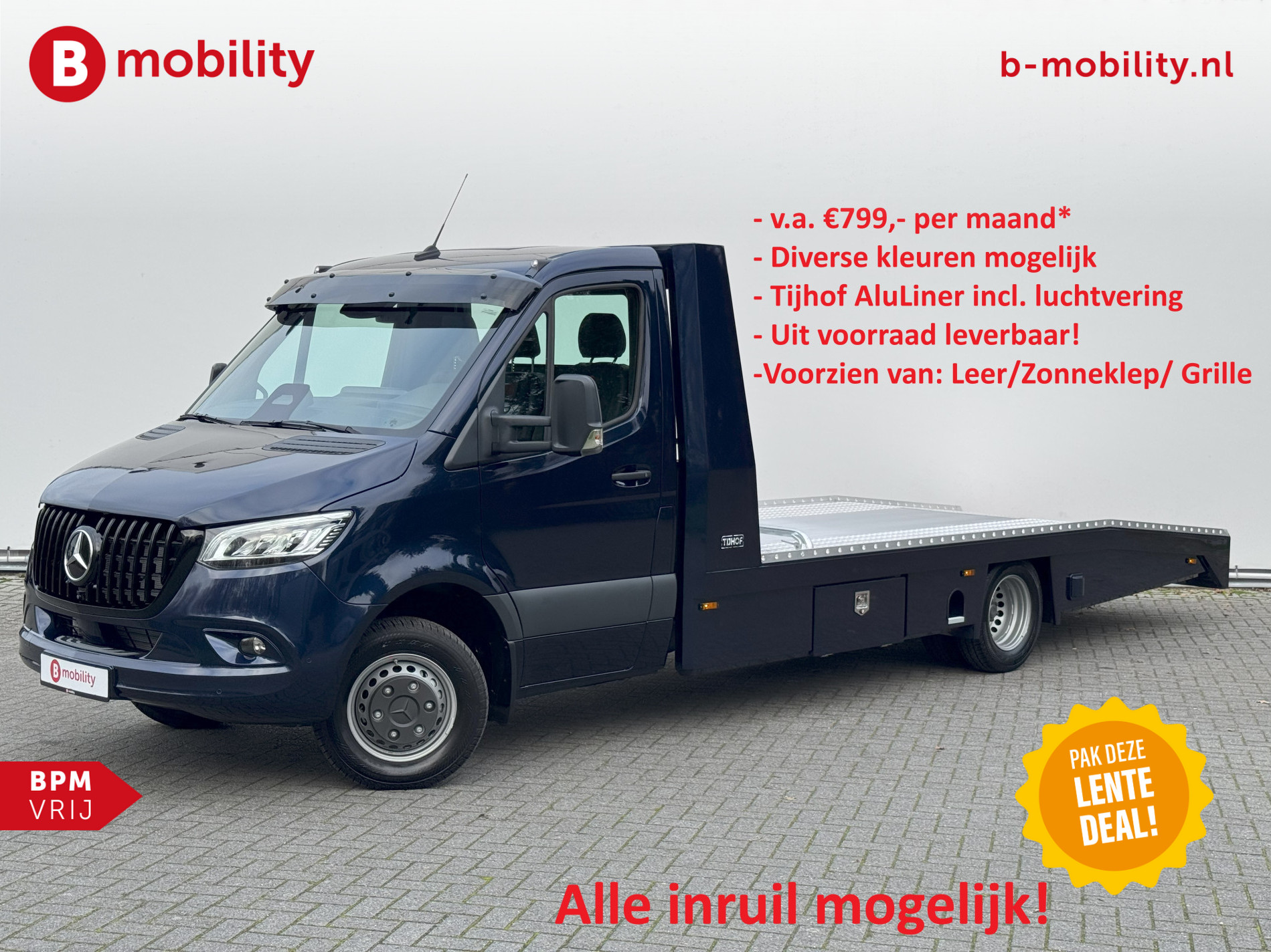 Mercedes-Benz Sprinter 519 CDI Tijhof AluLiner Luchtvering NIEUW! MJ.2025 Autotransporter/ Oprijwagen | Leer | Zonneklep | Lier | 3-Zitplaatsen | AppleCarPlay | DAB | Adaptive Cruise Control | Navigatie | Trekhaak