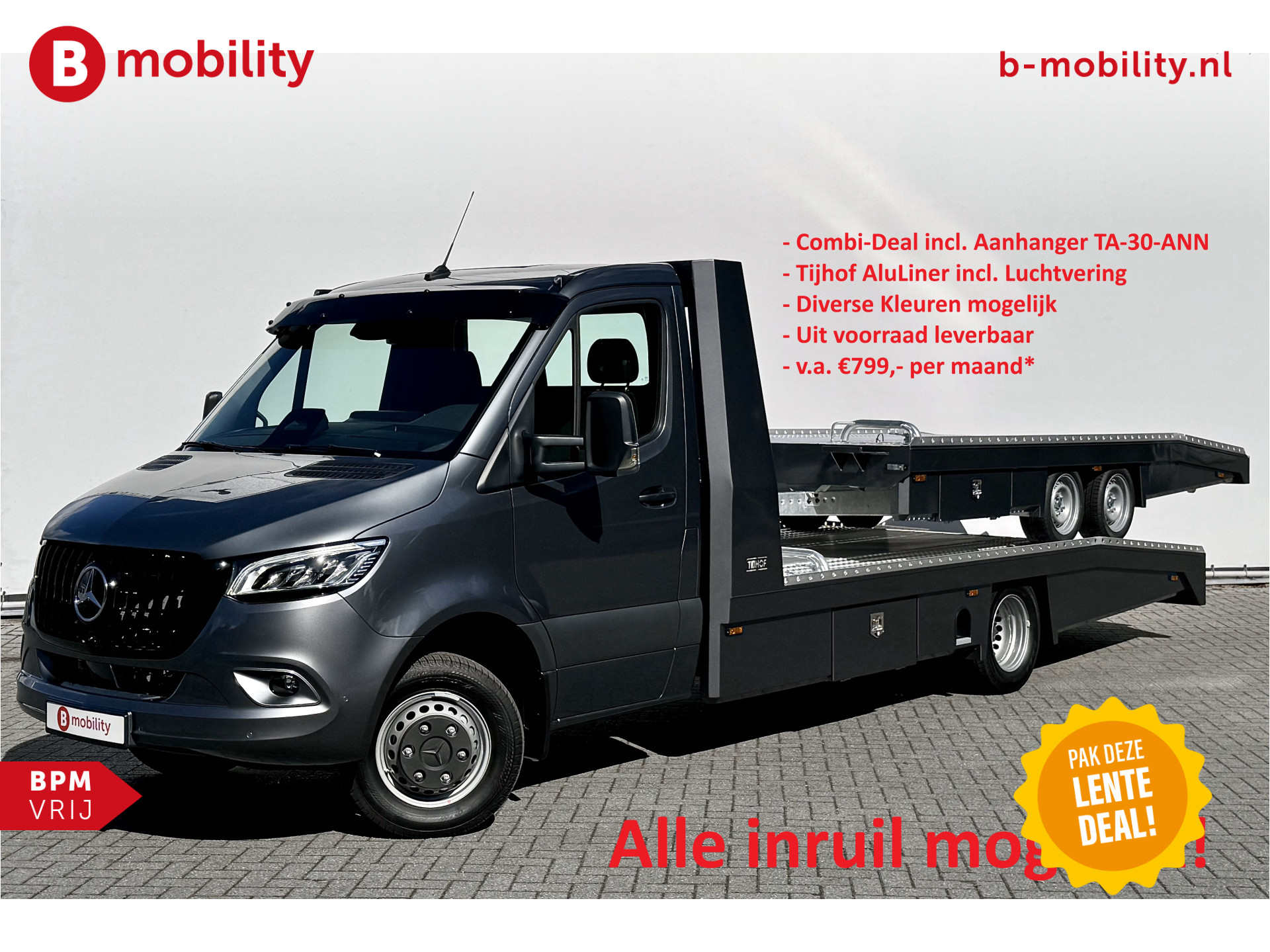 Mercedes-Benz Sprinter 519 CDI Tijhof AluLiner + Aanhanger Luchtvering NIEUW! MJ.2025 Autotransporter/ Oprijwagen | Lier | 3-Zitplaatsen | AppleCarPlay | DAB | Adaptive Cruise Control | Navigatie | Trekhaak