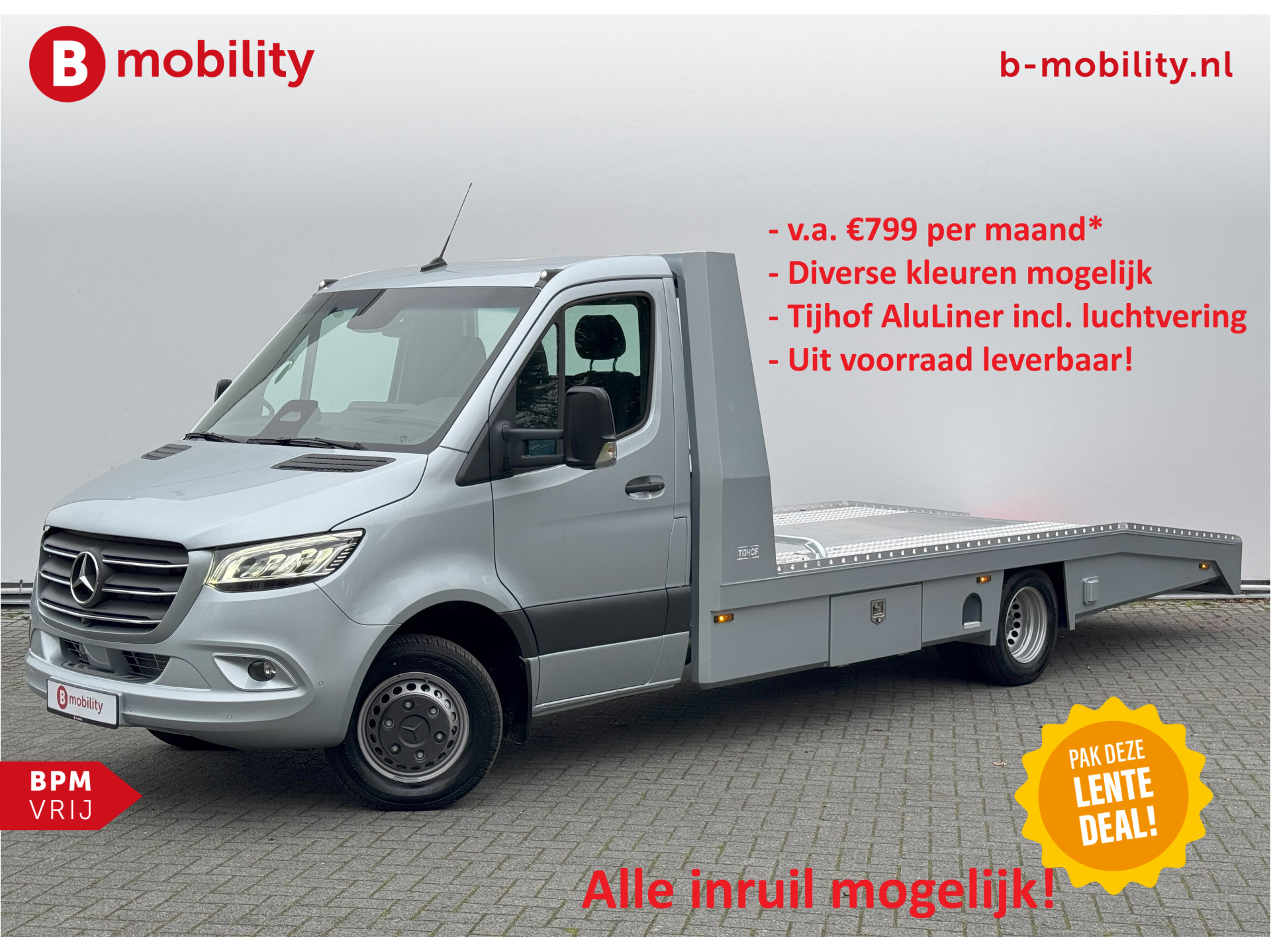 Mercedes-Benz Sprinter 519 CDI Tijhof AluLiner Luchtvering NIEUW! MJ.2025 Autotransporter/ Oprijwagen | Lier | 3-Zitplaatsen | AppleCarPlay | DAB | Adaptive Cruise Control | Navigatie | Trekhaak