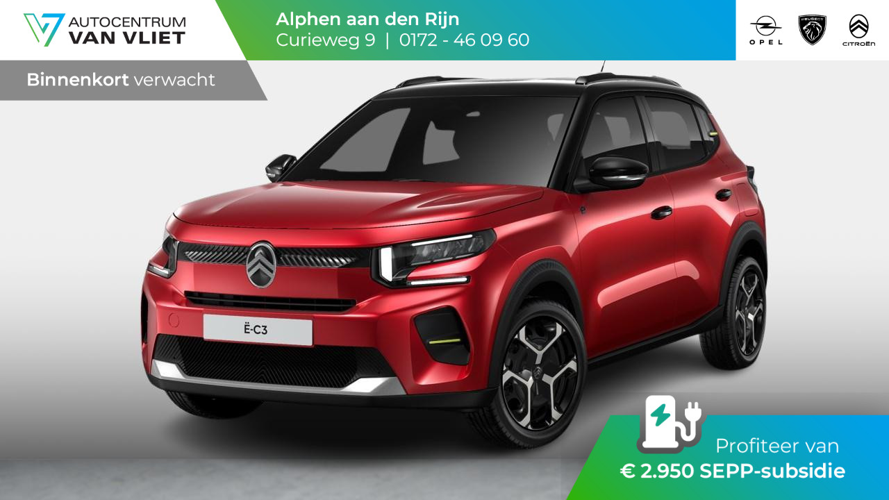 Citroën ë-C3 You + Pack PLUS 44 kWh | Two tone dak | Snelladen tot 100 kW | Draadloos Apple Carplay & Android Auto | Parkeersensoren | Airco | 17" stalen velgen |  | Nieuw model!