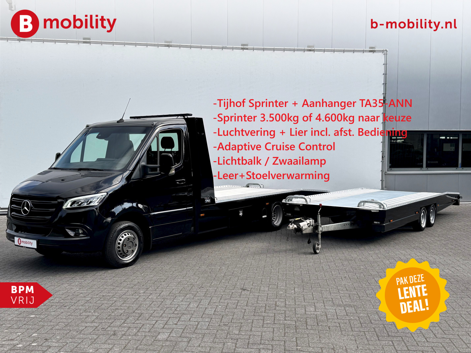 Mercedes-Benz Sprinter 519 CDI Tijhof AluLiner Luchtvering+TA35-ANN Aanhanger 3.500kg Autotransporter/ Oprijwagen | Leer | Lier | 3-Zitplaatsen | Apple CarPlay | DAB | Adaptive Cruise Control | Navigatie | Trekhaak