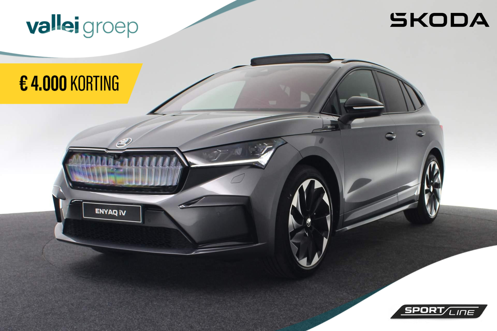 Škoda Enyaq iV 60 180PK Sportline € 6.109,- VOORRAADKORTING!!! | 21" Inch LMV | Adaptive Cruise Control | CANTON Premium Audio | Elektrisch Schuif/-Kanteldak | Elektrisch Verstelbare Bestuurdersstoel | Elektrische Kofferklep | Full LED Matrix Koplampen