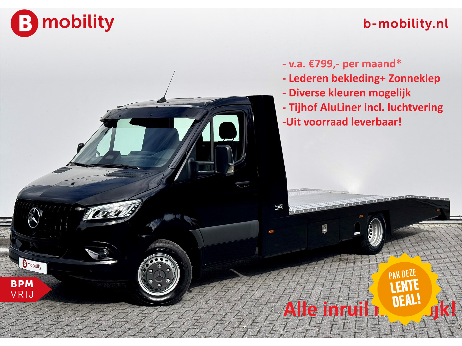 Mercedes-Benz Sprinter 519 CDI Tijhof AluLiner Luchtvering NIEUW! MJ.2025 Leer Autotransporter/ Oprijwagen | Lier | 3-Zitplaatsen | AppleCarPlay | DAB | Adaptive Cruise Control | Navigatie | Trekhaak