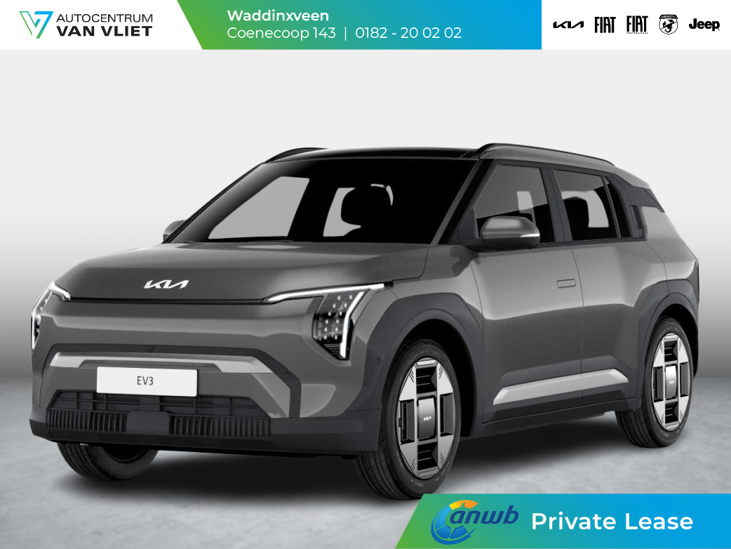 Kia EV3 Plus Advanced 81.4 kWh ANWB Private Lease v.a. € 599,- | Snelle Levering | 600km Rijbereik | Navi | 19" | Adapt. Cruise | Clima | Schuif/Kanteldak | Stoel&Stuurverw. | Priv Glass | BSM | Harman Kardon |